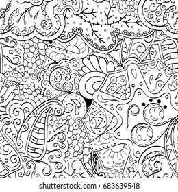 Tracery seamless pattern. Mehndi design. Ethnic monochrome binary doodle texture. Curved doodling black and white background. Vector