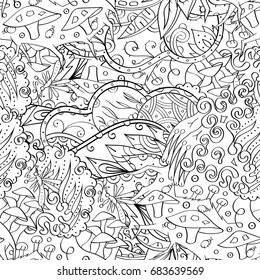 Tracery seamless pattern. Mehndi design. Ethnic monochrome binary doodle texture. Curved doodling black and white background. Vector