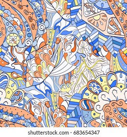 Tracery seamless pattern. Mehndi design. Ethnic colorful doodle texture. Curved doodling background. Vector