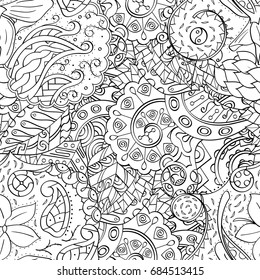 Tracery seamless pattern. Mehndi design. Ethnic monochrome binary doodle texture. Curved doodling black and white background. Vector