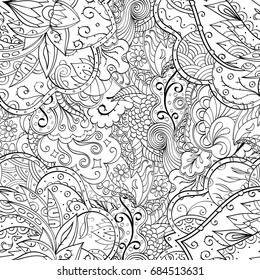 Tracery seamless pattern. Mehndi design. Ethnic monochrome binary doodle texture. Curved doodling black and white background. Vector