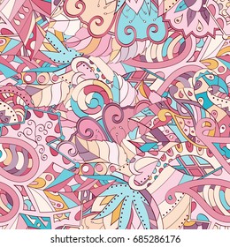 Tracery seamless pattern. Mehndi design. Ethnic colorful doodle texture. Curved doodling background. Vector