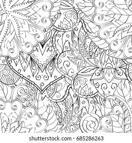 Tracery seamless pattern. Mehndi design. Ethnic monochrome binary doodle texture. Curved doodling black and white background. Vector