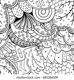 Tracery seamless pattern. Mehndi design. Ethnic monochrome binary doodle texture. Curved doodling black and white background. Vector
