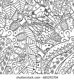Tracery seamless pattern. Mehndi design. Ethnic monochrome binary doodle texture. Curved doodling black and white background. Vector