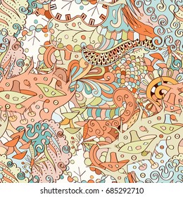Tracery seamless pattern. Mehndi design. Ethnic colorful doodle texture. Curved doodling background. Vector