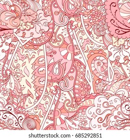 Tracery seamless pattern. Mehndi design. Ethnic colorful doodle texture. Curved doodling background. Vector