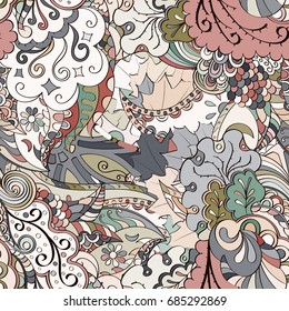 Tracery seamless pattern. Mehndi design. Ethnic colorful doodle texture. Curved doodling background. Vector