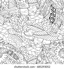 Tracery seamless pattern. Mehndi design. Ethnic monochrome binary doodle texture. Curved doodling black and white background. Vector