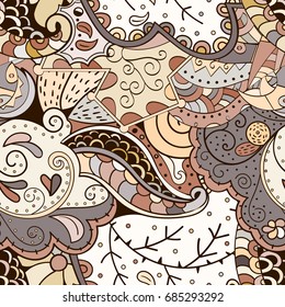Tracery seamless pattern. Mehndi design. Ethnic colorful doodle texture. Curved doodling background. Vector