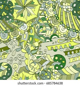 Tracery seamless pattern. Mehndi design. Ethnic colorful doodle texture. Curved doodling background. Vector