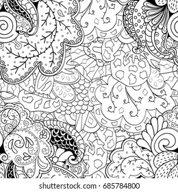 Tracery seamless pattern. Mehndi design. Ethnic monochrome binary doodle texture. Curved doodling black and white background. Vector