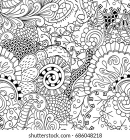 Tracery seamless pattern. Mehndi design. Ethnic monochrome binary doodle texture. Curved doodling black and white background. Vector