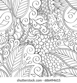 Tracery seamless pattern. Mehndi design. Ethnic monochrome binary doodle texture. Curved doodling black and white background. Vector