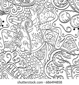 Tracery seamless pattern. Mehndi design. Ethnic monochrome binary doodle texture. Curved doodling black and white background. Vector