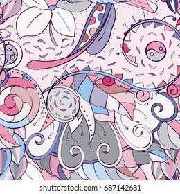 Tracery seamless pattern. Mehndi design. Ethnic colorful doodle texture. Curved doodling background. Vector
