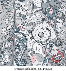 Tracery seamless pattern. Mehndi design. Ethnic colorful doodle texture. Curved doodling background. Vector