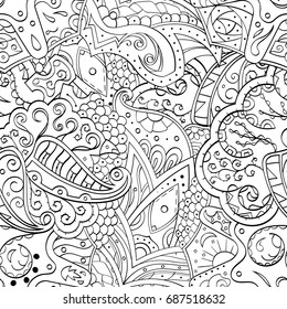 Tracery seamless pattern. Mehndi design. Ethnic monochrome binary doodle texture. Curved doodling black and white background. Vector