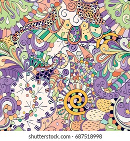Tracery seamless pattern. Mehndi design. Ethnic colorful doodle texture. Curved doodling background. Vector