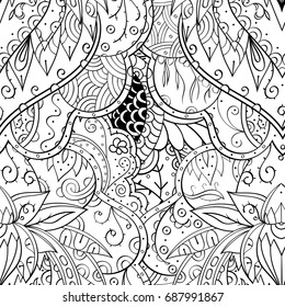 Tracery seamless pattern. Mehndi design. Ethnic monochrome binary doodle texture. Curved doodling black and white background. Vector