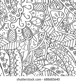 Tracery seamless pattern. Mehndi design. Ethnic monochrome binary doodle texture. Curved doodling black and white background. Vector