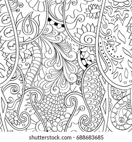 Tracery seamless pattern. Mehndi design. Ethnic monochrome binary doodle texture. Curved doodling black and white background. Vector
