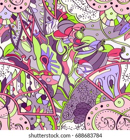 Tracery seamless pattern. Mehndi design. Ethnic colorful doodle texture. Curved doodling background. Vector
