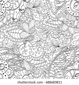 Tracery seamless pattern. Mehndi design. Ethnic monochrome binary doodle texture. Curved doodling black and white background. Vector