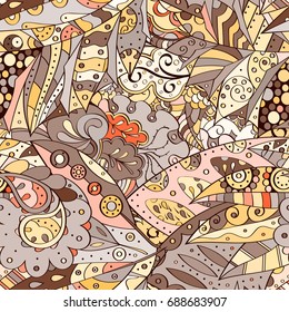 Tracery seamless pattern. Mehndi design. Ethnic colorful doodle texture. Curved doodling background. Vector