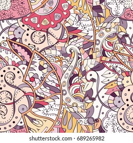 Tracery seamless pattern. Mehndi design. Ethnic colorful doodle texture. Curved doodling background. Vector