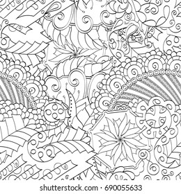 Tracery seamless pattern. Mehndi design. Ethnic monochrome binary doodle texture. Curved doodling black and white background. Vector