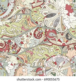 Tracery seamless pattern. Mehndi design. Ethnic colorful doodle texture. Curved doodling background. Vector