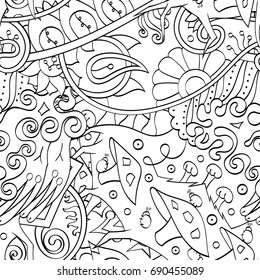 Tracery seamless pattern. Mehndi design. Ethnic monochrome binary doodle texture. Curved doodling black and white background. Vector