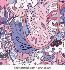 Tracery seamless pattern. Mehndi design. Ethnic colorful doodle texture. Curved doodling background. Vector