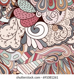 Tracery seamless pattern. Mehndi design. Ethnic colorful doodle texture. Curved doodling background. Vector