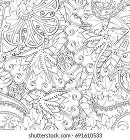 Tracery seamless pattern. Mehndi design. Ethnic monochrome binary doodle texture. Curved doodling black and white background. Vector