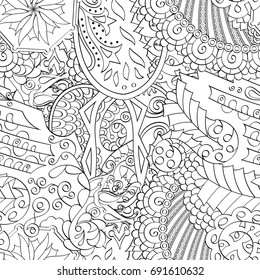 Tracery seamless pattern. Mehndi design. Ethnic monochrome binary doodle texture. Curved doodling black and white background. Vector