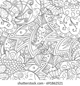 Tracery seamless pattern. Mehndi design. Ethnic monochrome binary doodle texture. Curved doodling black and white background. Vector