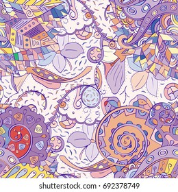 Tracery seamless pattern. Mehndi design. Ethnic colorful doodle texture. Curved doodling background. Vector