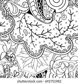 Tracery seamless pattern. Mehndi design. Ethnic monochrome binary doodle texture. Curved doodling black and white background. Vector