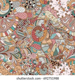 Tracery seamless pattern. Mehndi design. Ethnic colorful doodle texture. Curved doodling background. Vector