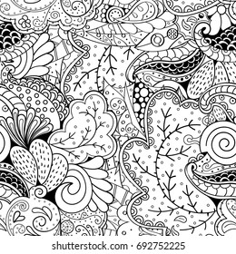 Tracery seamless pattern. Mehndi design. Ethnic monochrome binary doodle texture. Curved doodling black and white background. Vector