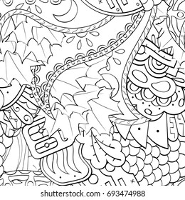 Tracery seamless pattern. Mehndi design. Ethnic monochrome binary doodle texture. Curved doodling black and white background. Vector