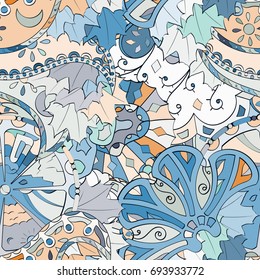Tracery seamless pattern. Mehndi design. Ethnic colorful doodle texture. Curved doodling background. Vector