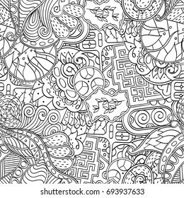 Tracery seamless pattern. Mehndi design. Ethnic monochrome binary doodle texture. Curved doodling black and white background. Vector