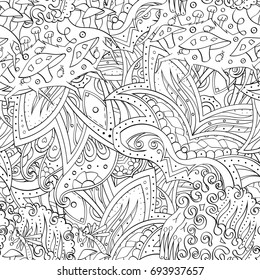 Tracery seamless pattern. Mehndi design. Ethnic monochrome binary doodle texture. Curved doodling black and white background. Vector