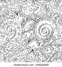 Tracery seamless pattern. Mehndi design. Ethnic monochrome binary doodle texture. Curved doodling black and white background. Vector