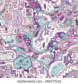 Tracery seamless pattern. Mehndi design. Ethnic colorful doodle texture. Curved doodling background. Vector