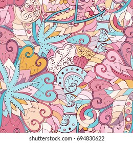 Tracery seamless pattern. Mehndi design. Ethnic colorful doodle texture. Curved doodling background. Vector