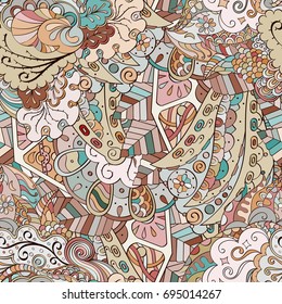 Tracery seamless pattern. Mehndi design. Ethnic colorful doodle texture. Curved doodling background. Vector